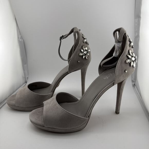 Michael Kors Patti Platform Soft Suede Leather Jewel Women's 10M Pearl Grey Heel - Picture 4 of 9